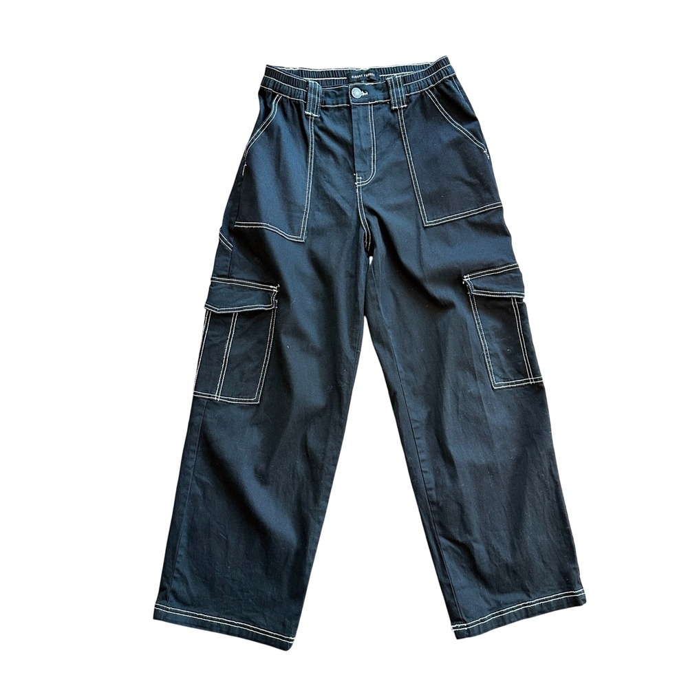 Almost Famous Womens Cargo Pants L Black Y2K Contrast Stitch Cyber Streetwear